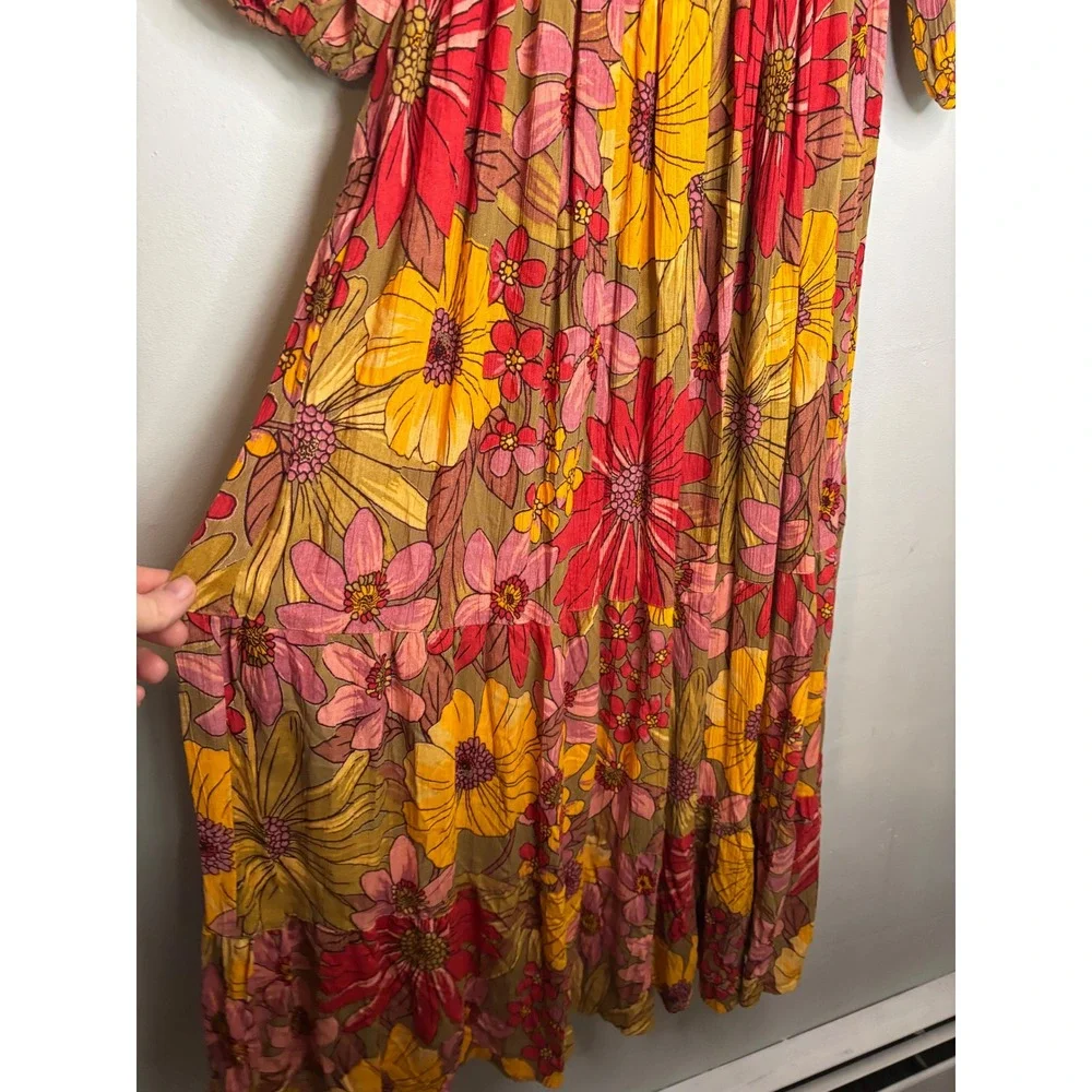 Angie Floral Smocked Maxi Dress S Yellow Red Boho Puff Sleeve Cottagecore - Picture 6 of 6